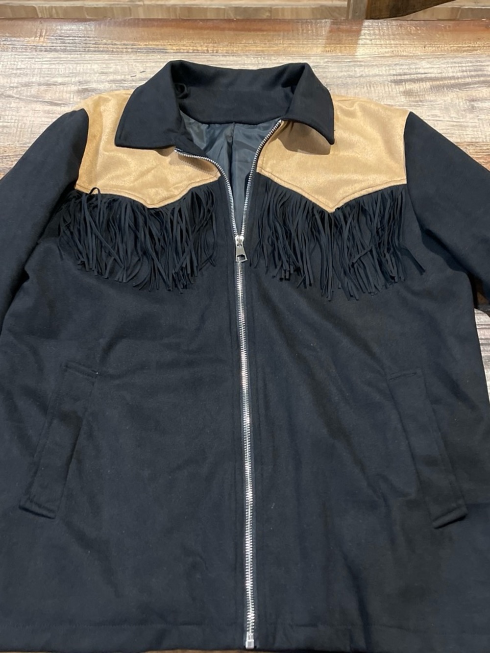 NFINITY Black Jacket with Tan Yoke and Fringe Trim